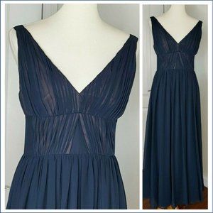 Vera Wang Dress sz 6 Navy Blue Pleated V-Neck Formal Gown Chiffon Grecian Flowy